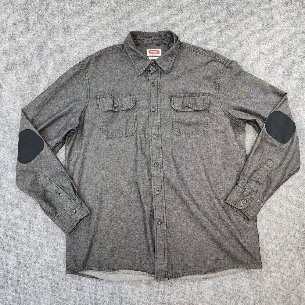 Wrangler Shirt Mens Large Gray Heavyweight Denim Flex Elbow Patch Chore Western
